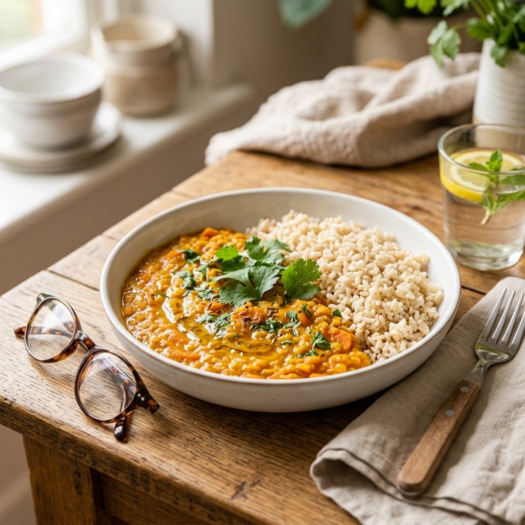 A bowl of red lentil and carrot dal with brown rice on a wooden table, garnished with fresh herbs, accompanied by reading glasses and a glass of water.