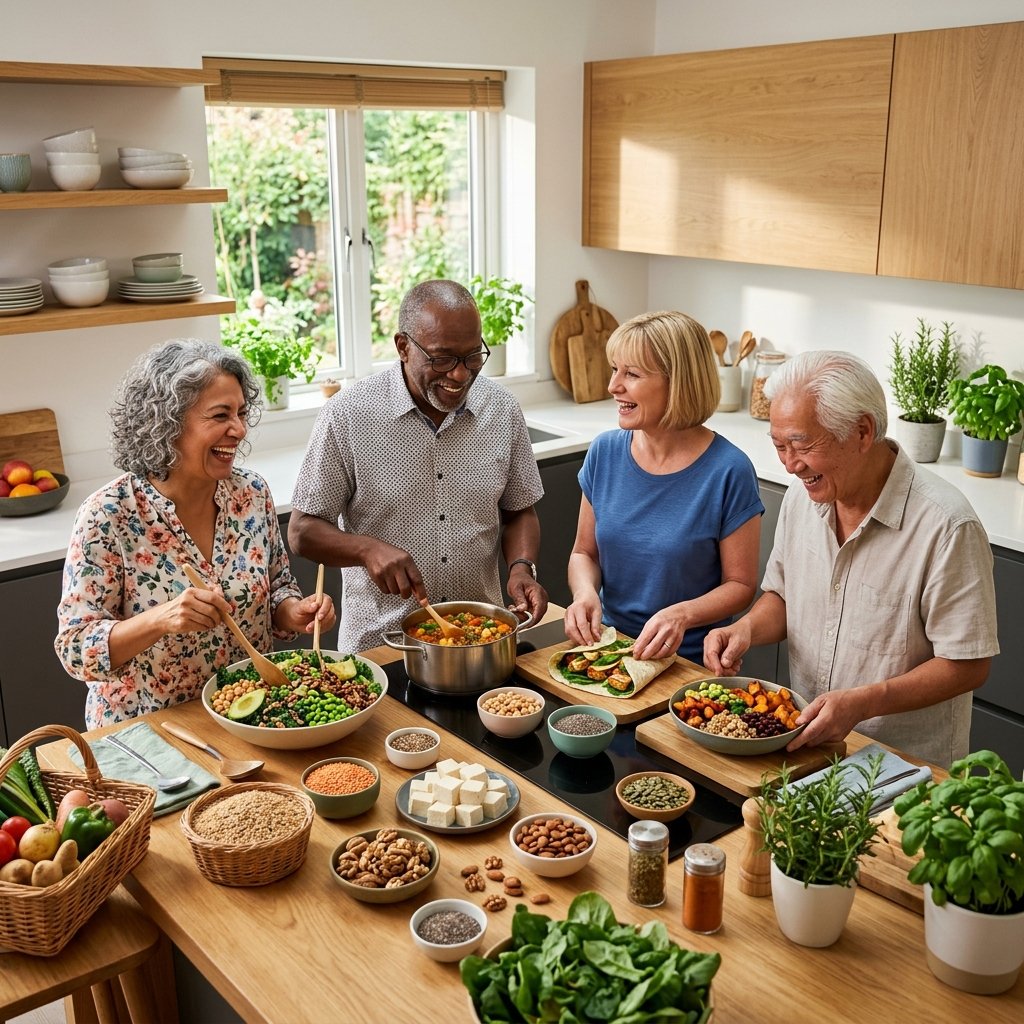 A group of seniors over 50 preparing and enjoying plant-based meals together in a bright kitchen.