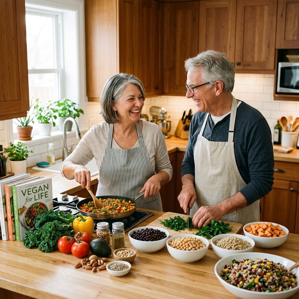 Senior couple cooking colorful vegan meals together in a bright kitchen with fresh vegetables and ingredients on the counter.