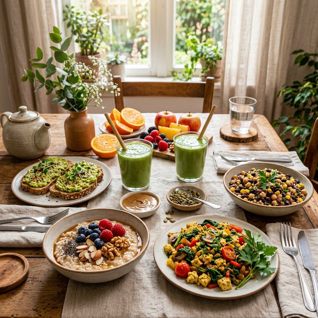 A kitchen table with a variety of colorful vegan high-protein breakfast dishes including oatmeal with berries, tofu scramble, smoothies, avocado toast, and quinoa salad.