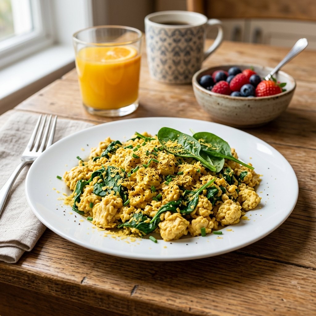 A plate of silken tofu scramble with spinach and nutritional yeast on a wooden table, accompanied by a glass of orange juice and a bowl of berries.