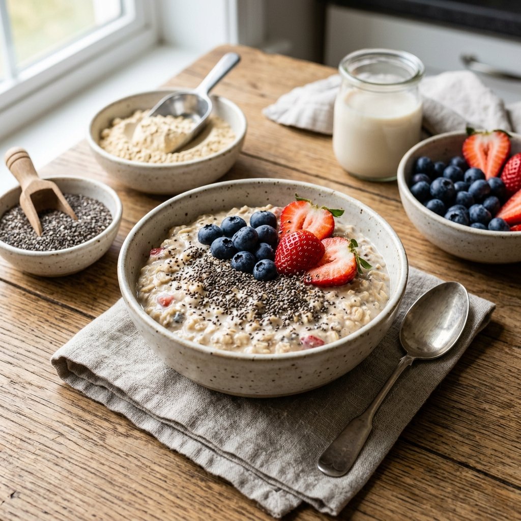 A bowl of overnight oats topped with chia seeds and fresh berries on a wooden table with a spoon and small bowls of chia seeds and protein powder nearby.
