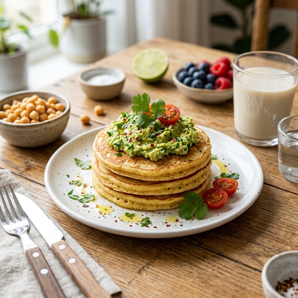 A plate of chickpea flour pancakes topped with mashed avocado on a wooden table with fresh herbs and breakfast items nearby.