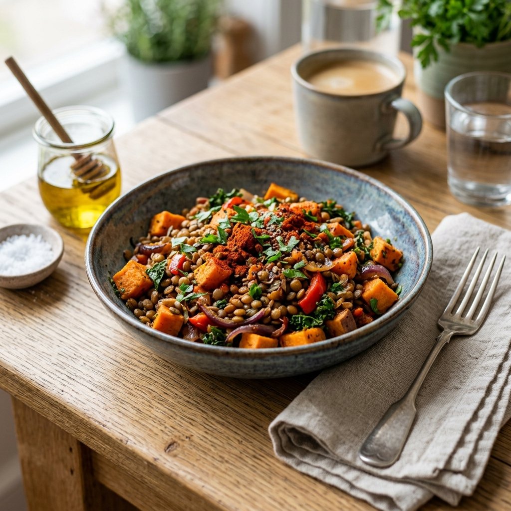 A bowl of lentil and sweet potato hash seasoned with smoked paprika on a wooden table with natural light.