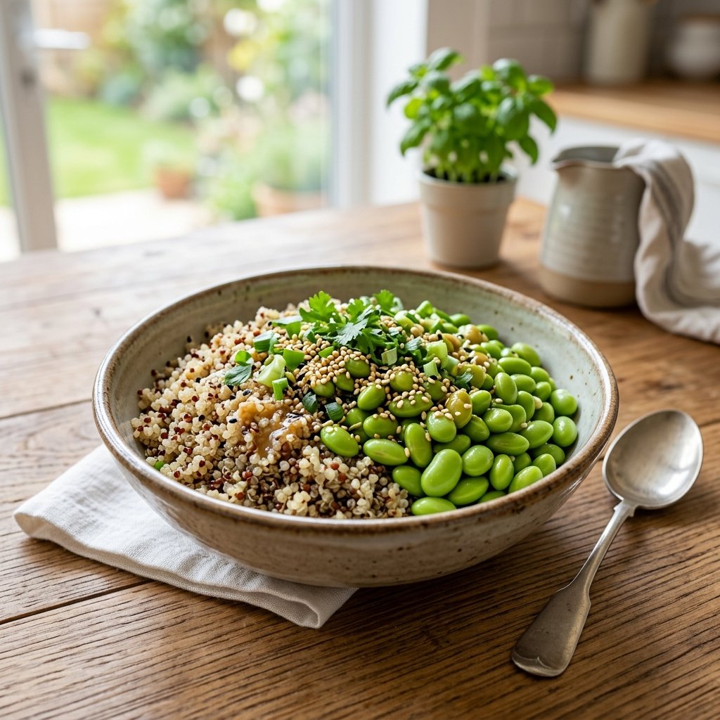 A bowl filled with edamame and quinoa topped with sesame dressing on a wooden table.