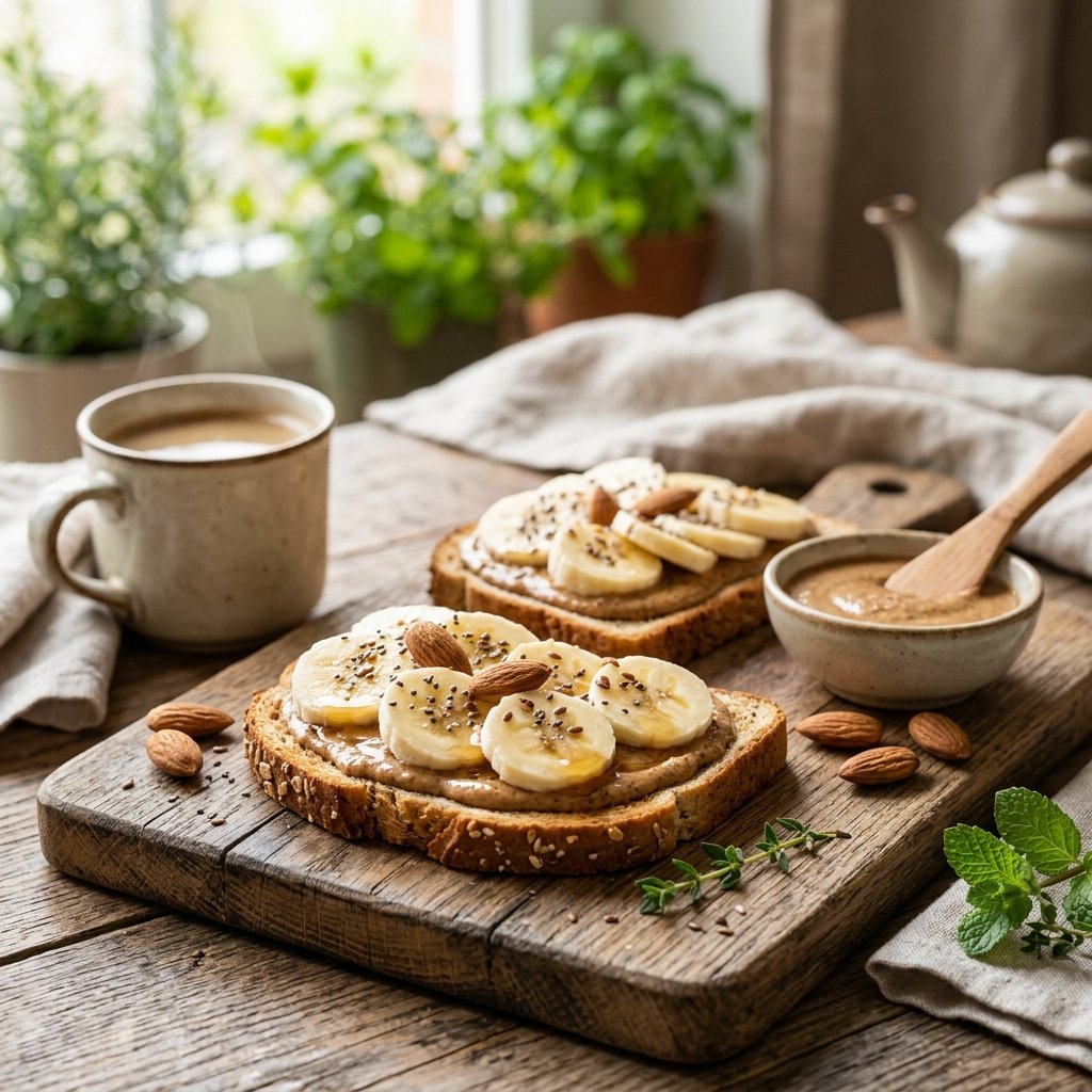 Sprouted-grain toast topped with almond butter and banana slices on a wooden board with a bowl of almond butter and almonds nearby.