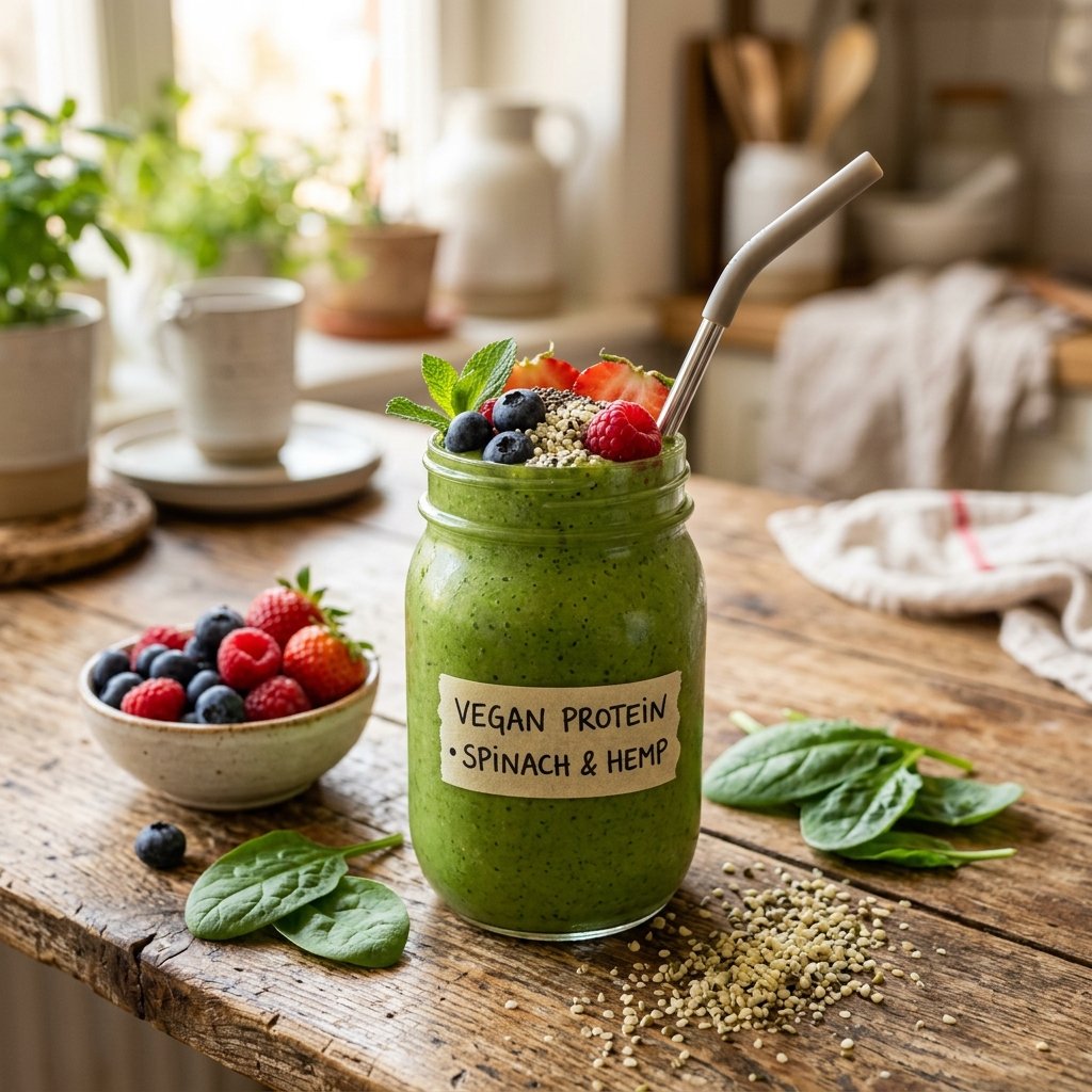 A glass jar filled with a green vegan protein smoothie topped with fresh berries, surrounded by spinach leaves and hemp seeds on a wooden table.