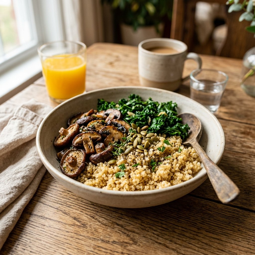 A bowl of quinoa topped with roasted mushrooms and kale on a wooden table with a spoon beside it.