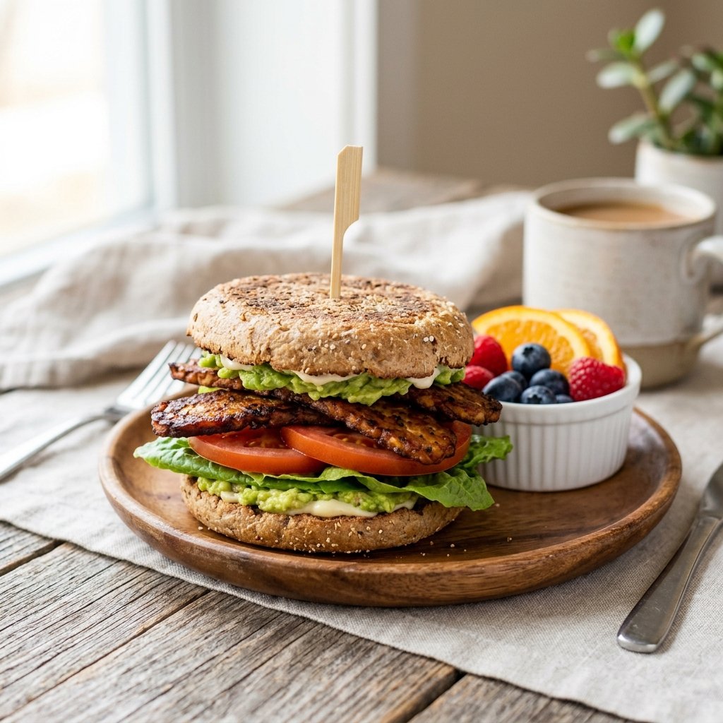 A tempeh bacon breakfast sandwich on a whole-grain English muffin with lettuce, tomato, and avocado on a wooden plate with fresh fruit on the side.