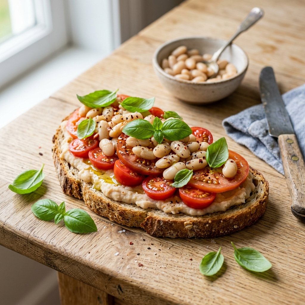 Open-faced toast topped with white beans, tomato slices, and fresh basil on a wooden surface.