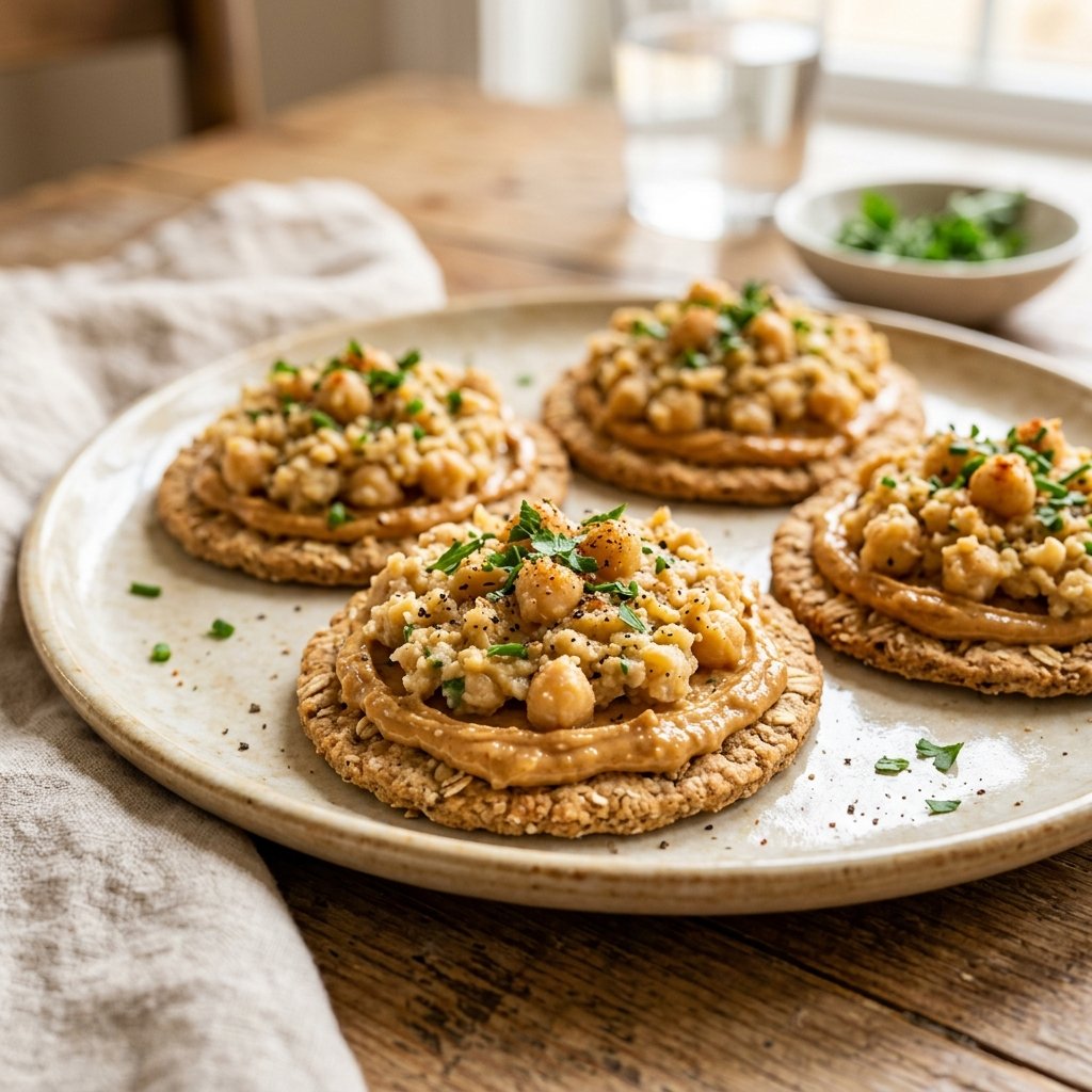 Close-up of oat crackers topped with peanut butter and mashed chickpeas on a neutral background.