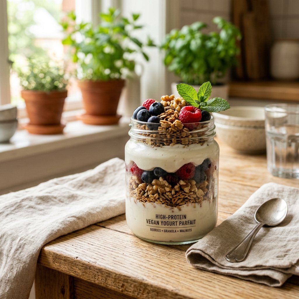 A glass jar filled with layered vegan yogurt parfait topped with granola, walnuts, and fresh berries on a wooden table.