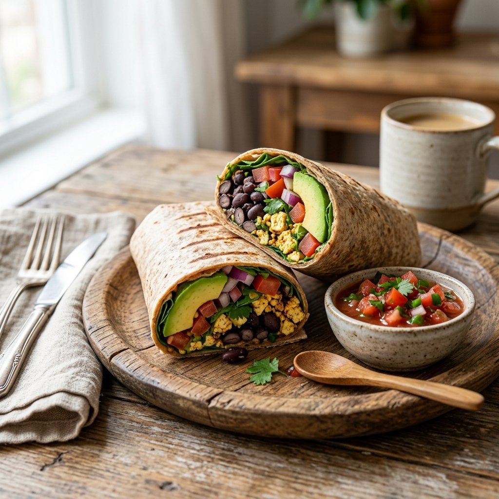 A black bean and avocado breakfast burrito cut in half on a wooden plate with a bowl of red salsa on the side.