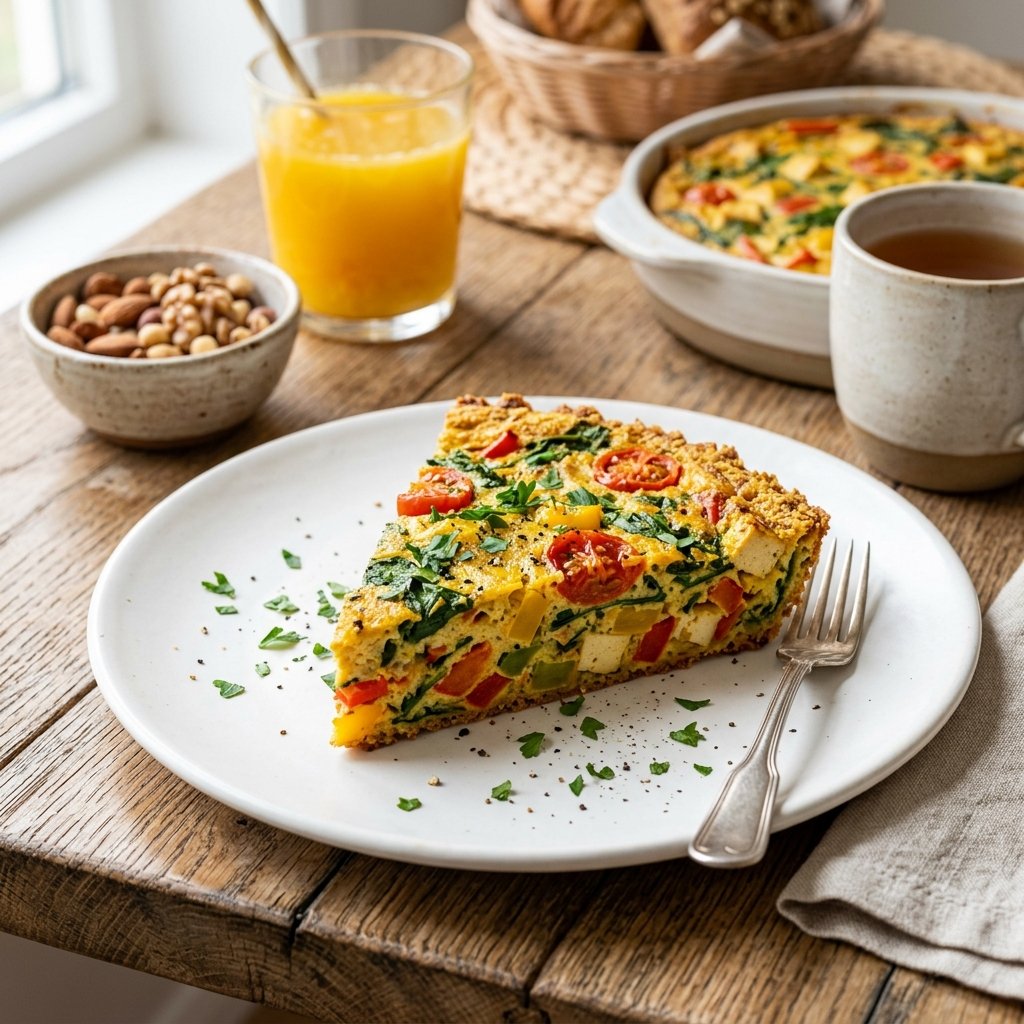 A plate with a wedge of tofu and vegetable frittata showing colorful vegetables and a golden crust on a wooden table with a glass of orange juice in the background.