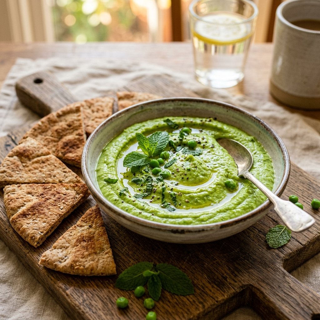 A bowl of green pea and mint hummus garnished with mint leaves, served with whole-grain pita bread on a wooden board.