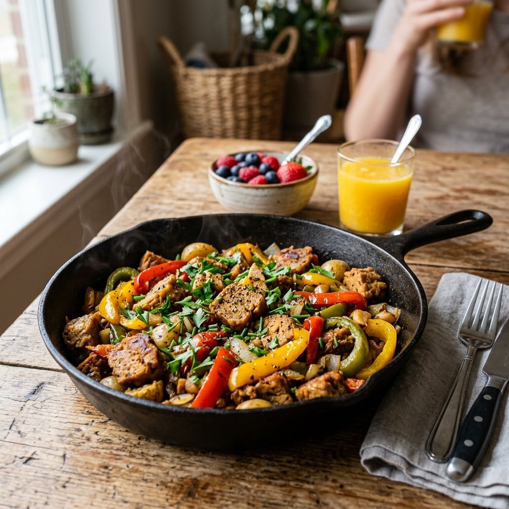 A breakfast skillet with seitan and colorful bell peppers on a wooden table, accompanied by a glass of orange juice and fresh berries.