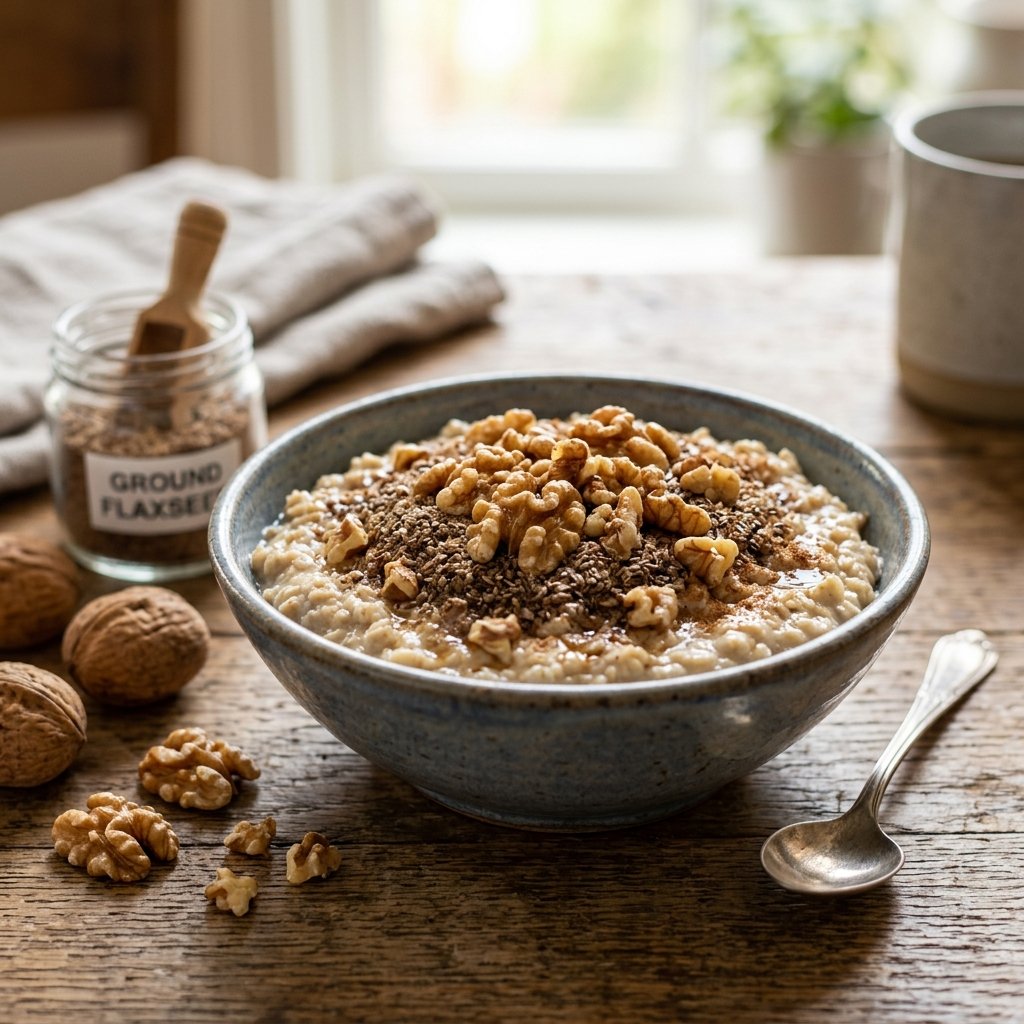 A bowl of oatmeal topped with ground flaxseed and walnuts on a wooden table with scattered walnuts nearby.