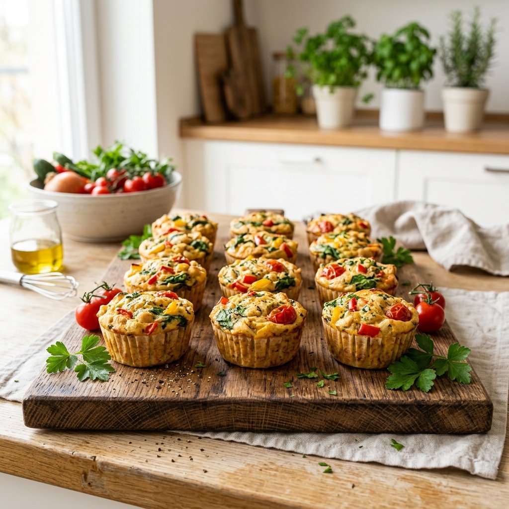 Baked chickpea and vegetable frittata muffins arranged on a wooden board with fresh herbs in a bright kitchen.