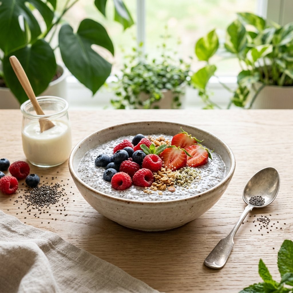 A bowl of chia pudding with soy yogurt and mixed berries on a wooden table with a spoon and chia seeds nearby.