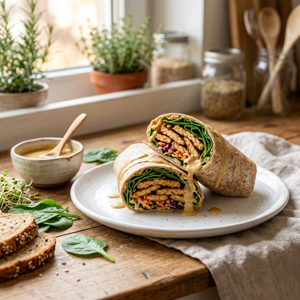A smoked tempeh and spinach wrap cut in half on a white plate with mustard-tahini sauce, surrounded by fresh spinach and bread slices.