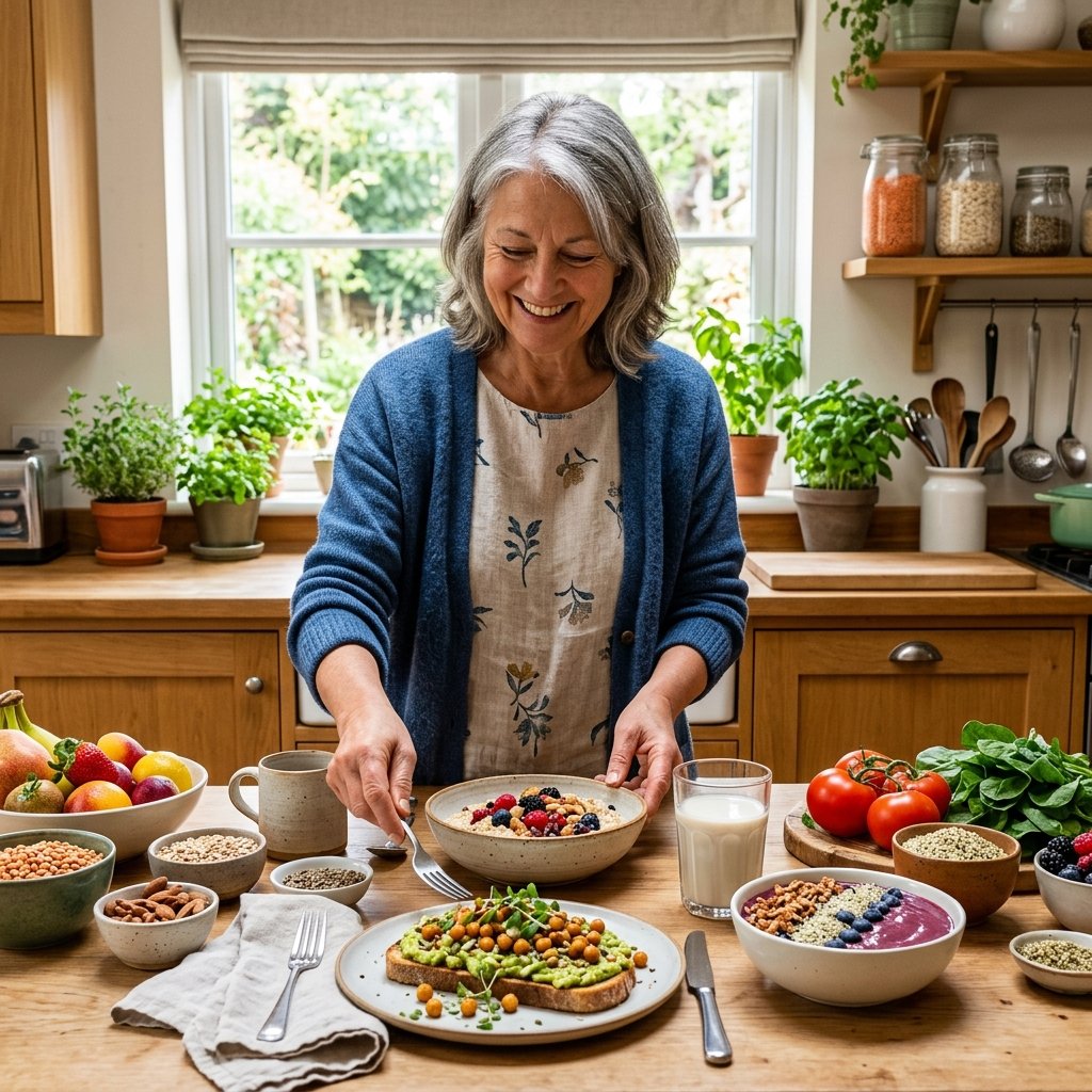 An older woman preparing a colorful vegan breakfast with plant-based protein dishes on a kitchen table.