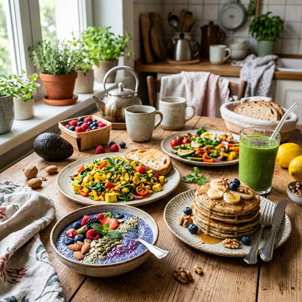 A kitchen table with various colorful vegan high-protein breakfast dishes including chia pudding, tofu scramble, protein pancakes, and a green smoothie, with natural light and fresh fruits around.