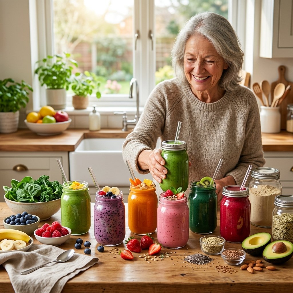 An elderly person reaching for a colorful vegan smoothie on a kitchen counter surrounded by fresh fruits, greens, and plant-based ingredients.