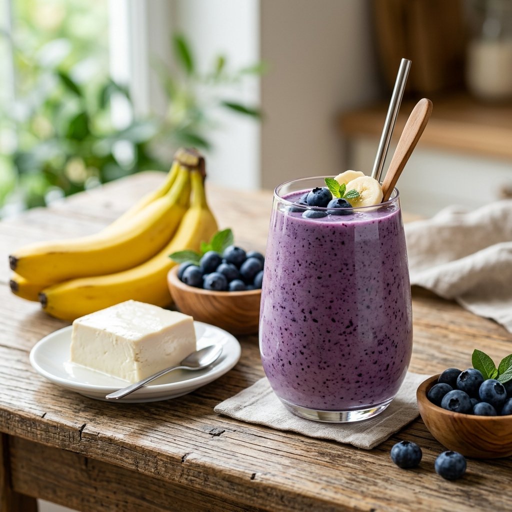 A glass of purple-blue smoothie with banana slices and blueberries on a wooden table surrounded by fresh bananas, blueberries, and silken tofu.