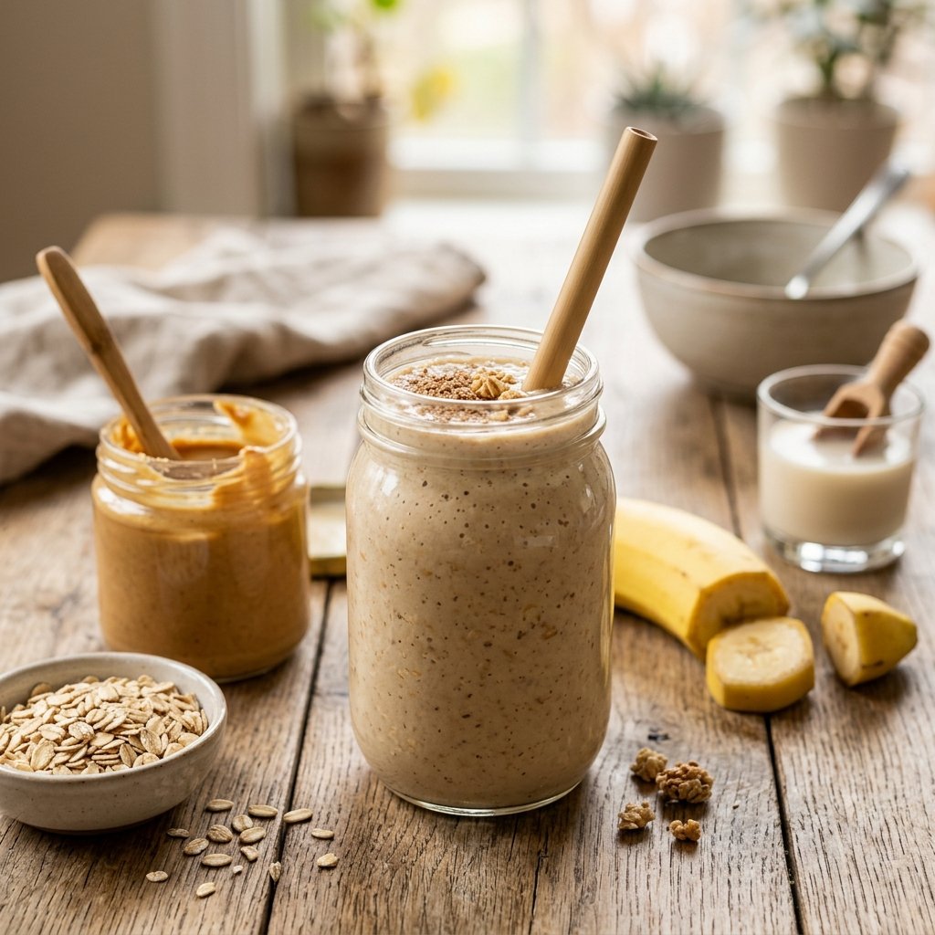 A glass jar filled with peanut butter oat protein smoothie on a wooden table surrounded by peanut butter, oats, and a banana.