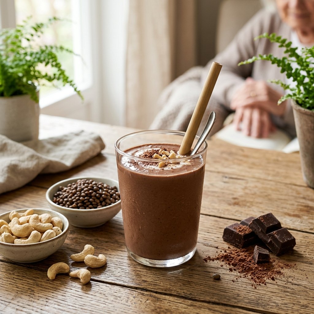 A glass of lentil-cashew chocolate smoothie on a wooden table with cashews, lentils, and chocolate pieces around it.
