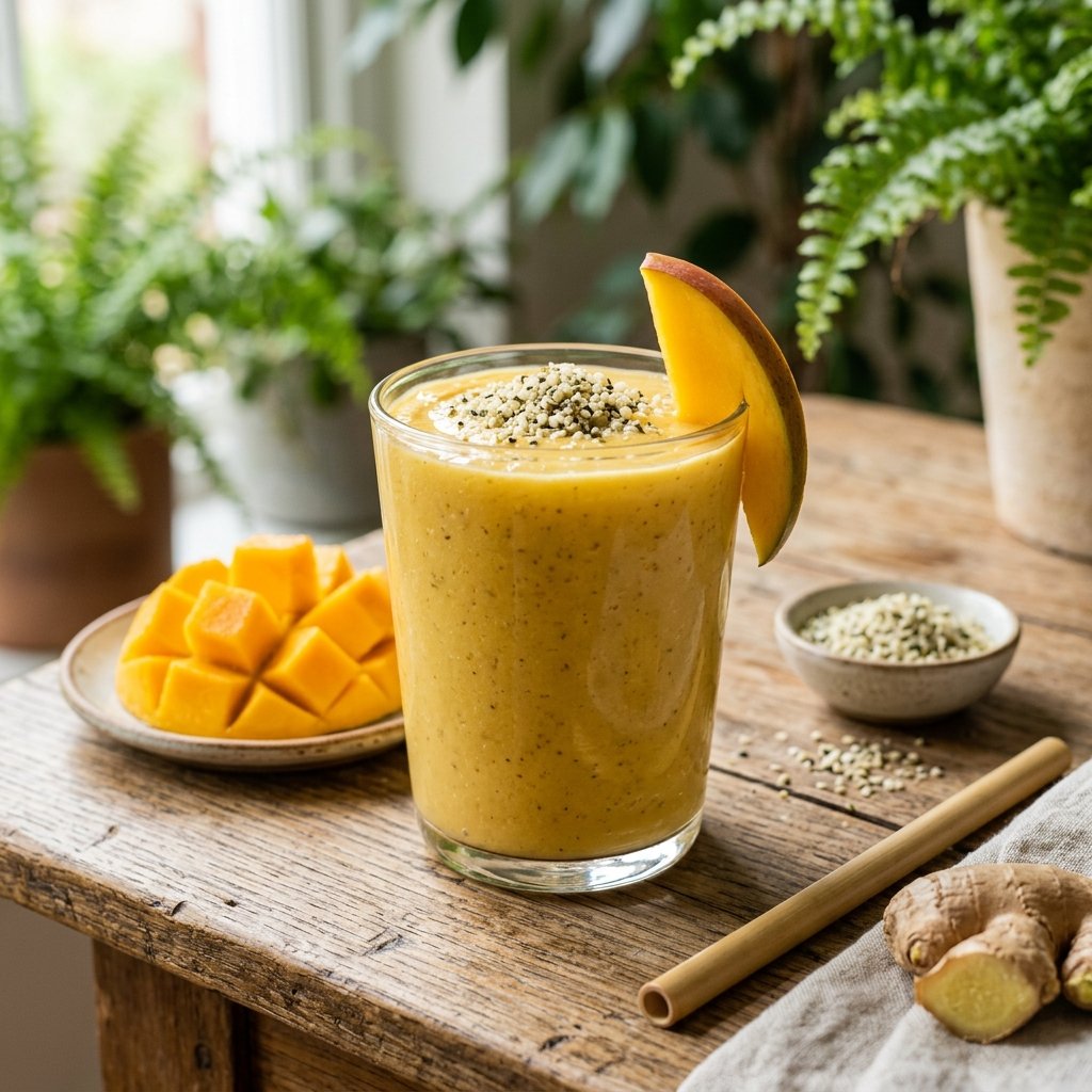 A glass of yellow hemp seed mango ginger smoothie on a wooden table with fresh mango pieces, ginger root, and hemp seeds around it.