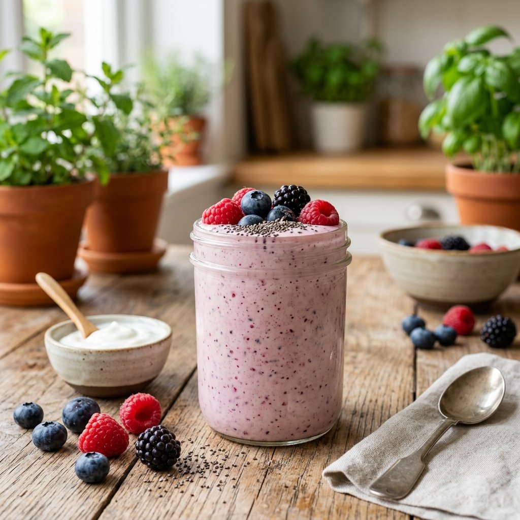 A glass jar filled with a creamy berry smoothie topped with fresh mixed berries and chia seeds on a wooden table, with scattered berries and a bowl of coconut yogurt nearby.