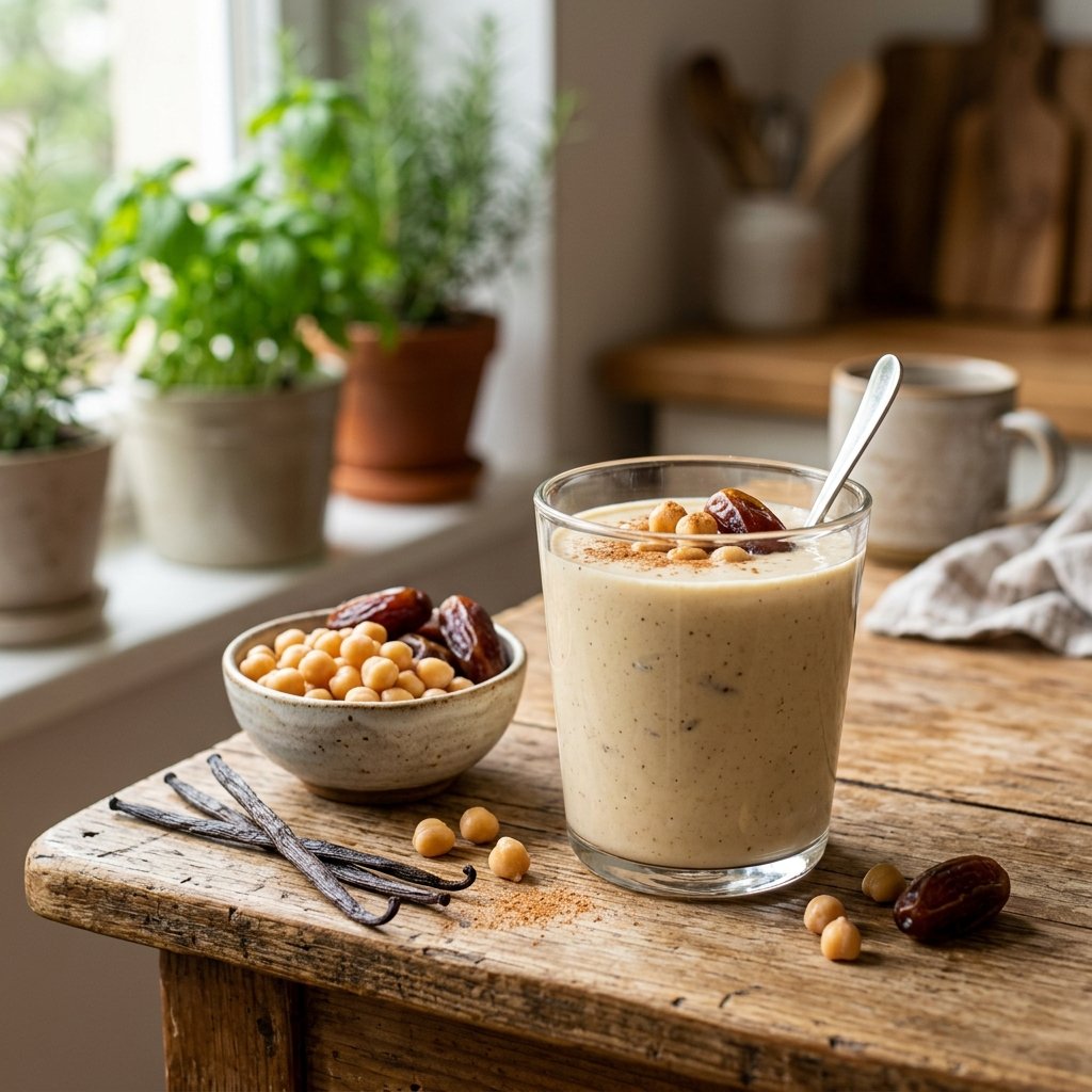 A glass of creamy chickpea vanilla date smoothie on a wooden table with chickpeas, vanilla pods, and dates nearby.