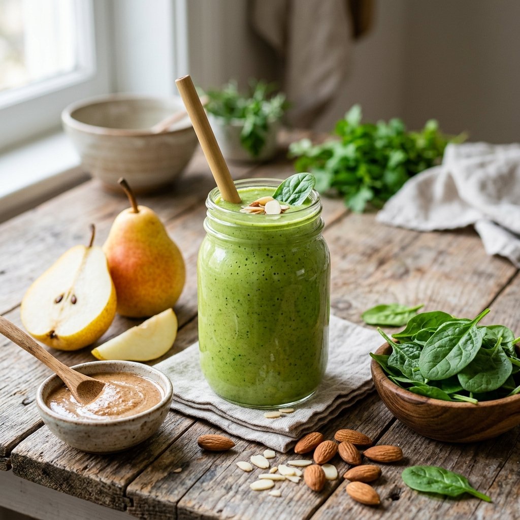 A glass of green almond butter pear spinach smoothie surrounded by pears, almond butter, spinach leaves, and almonds on a wooden table.