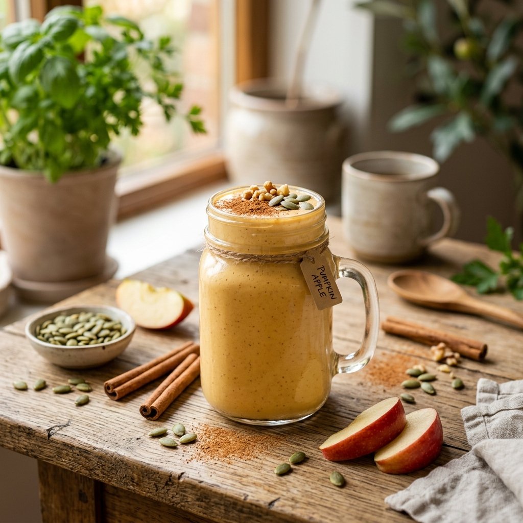A glass jar filled with a creamy pumpkin seed cinnamon apple smoothie surrounded by cinnamon sticks, apple slices, and pumpkin seeds on a wooden table.