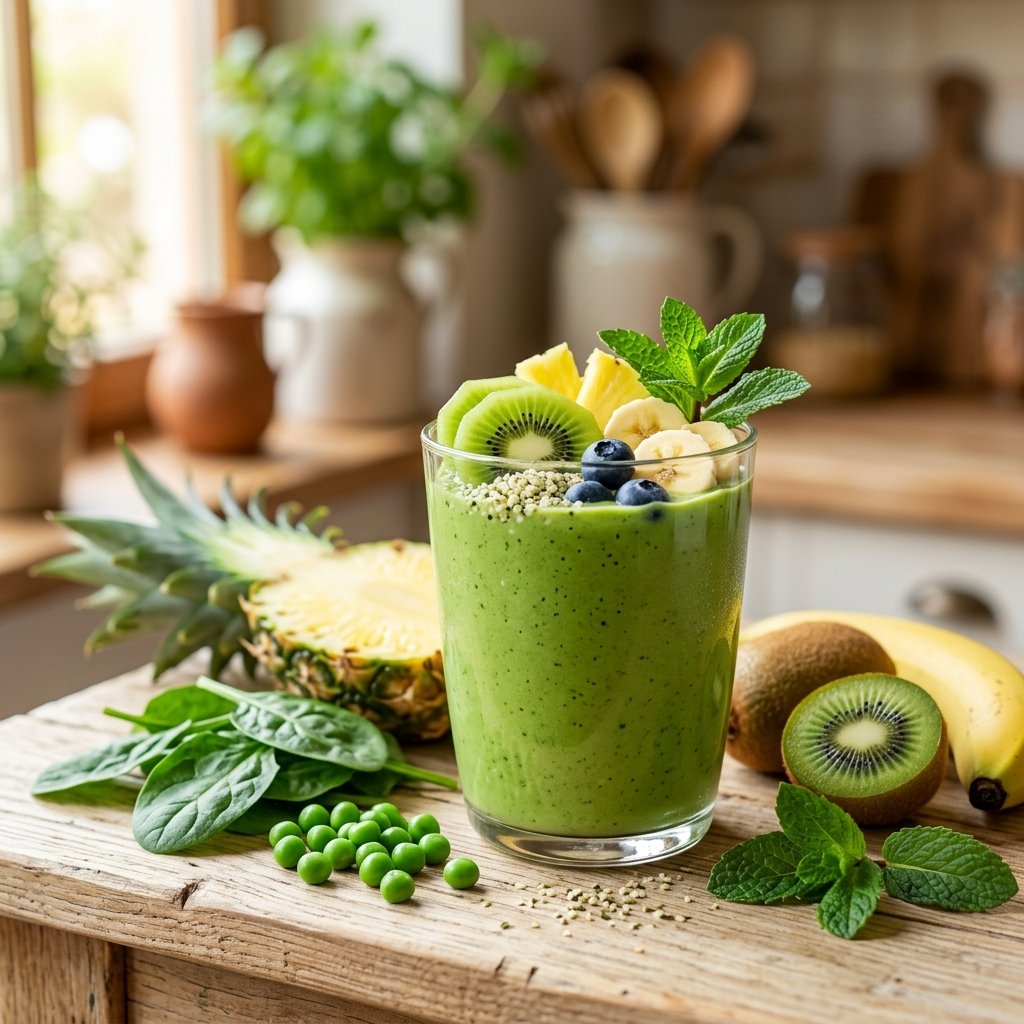 A glass of bright green tropical smoothie garnished with fresh fruit slices and mint leaves, surrounded by fresh green peas, spinach, and tropical fruits on a wooden surface.