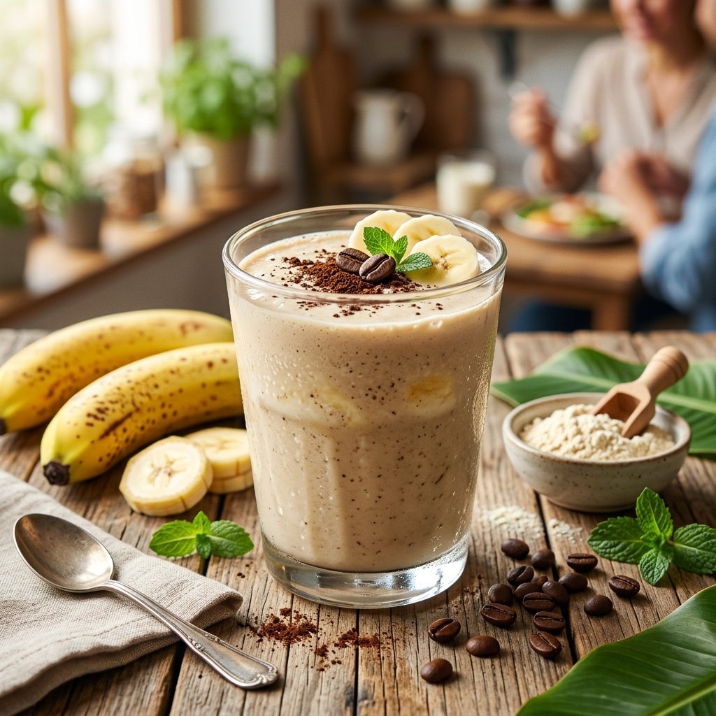A glass of soy protein coffee banana smoothie on a wooden table surrounded by bananas, coffee beans, and soy protein powder.