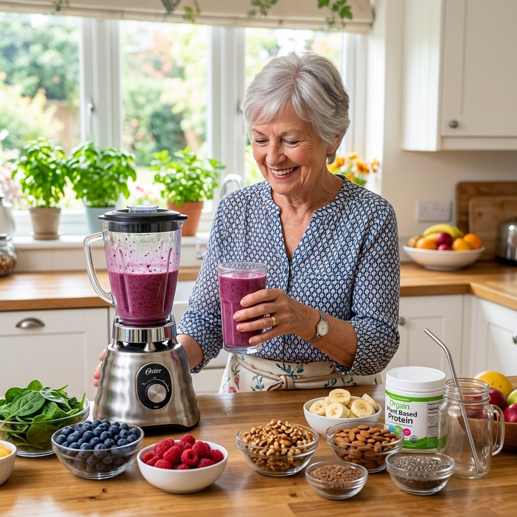 An elderly person holding a colorful vegan smoothie in a bright kitchen with fresh fruits, vegetables, and plant-based protein ingredients on the counter.