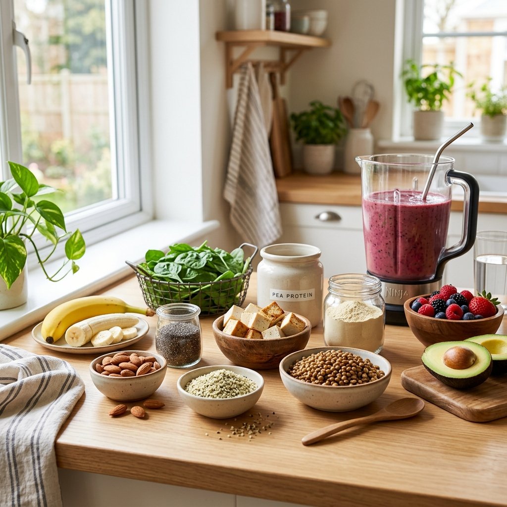 A kitchen countertop displaying various plant-based protein ingredients and fresh fruits with a blender containing a colorful smoothie in the background.