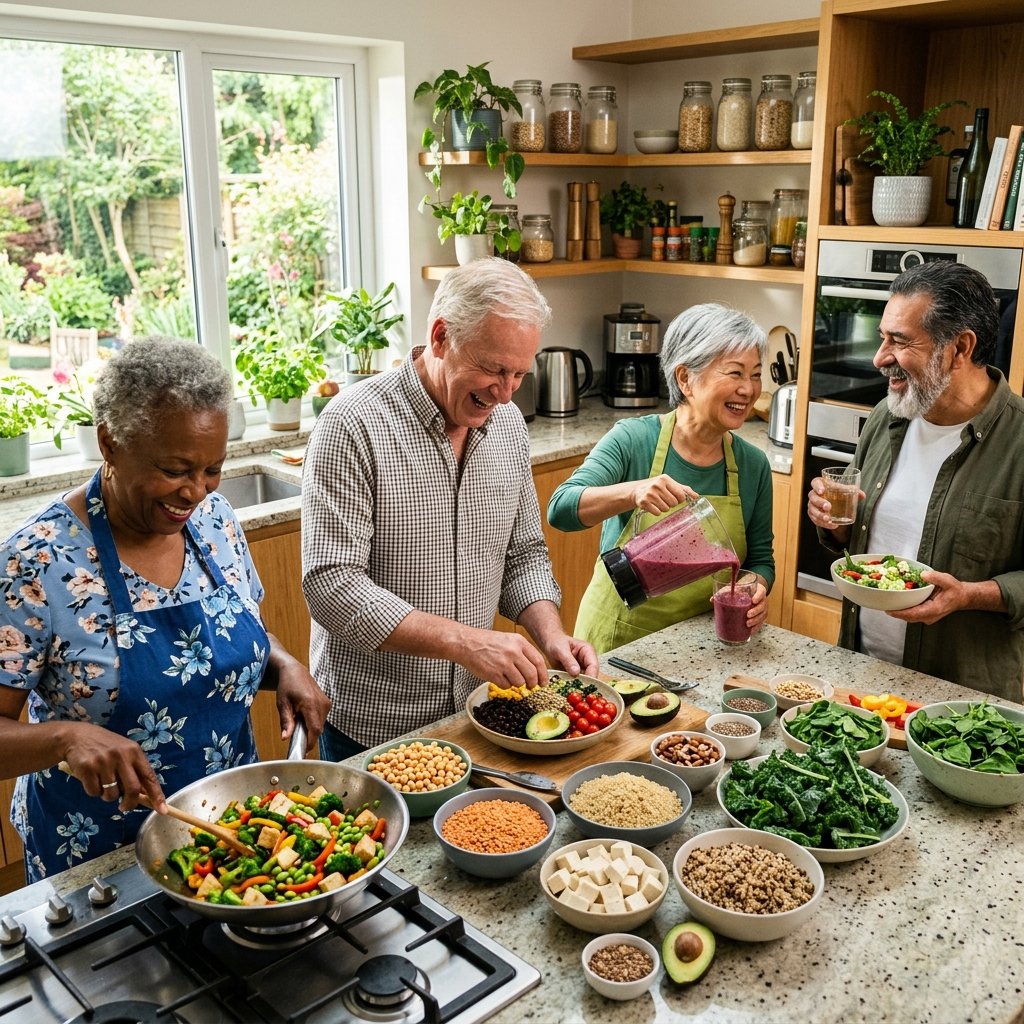 Seniors preparing and enjoying colorful vegan high-protein meals together in a bright kitchen.
