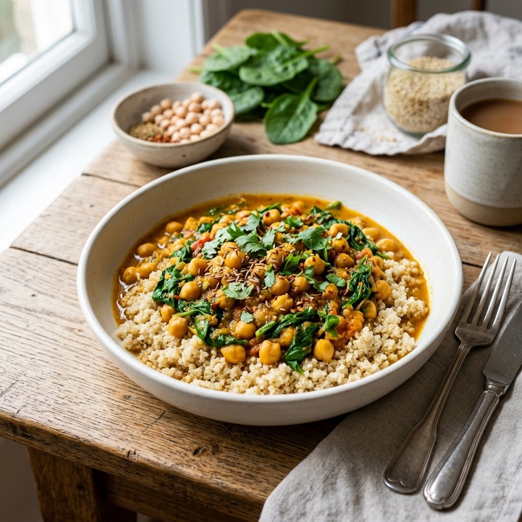 A bowl of chickpea and spinach curry served over quinoa on a wooden table with fresh ingredients in the background.