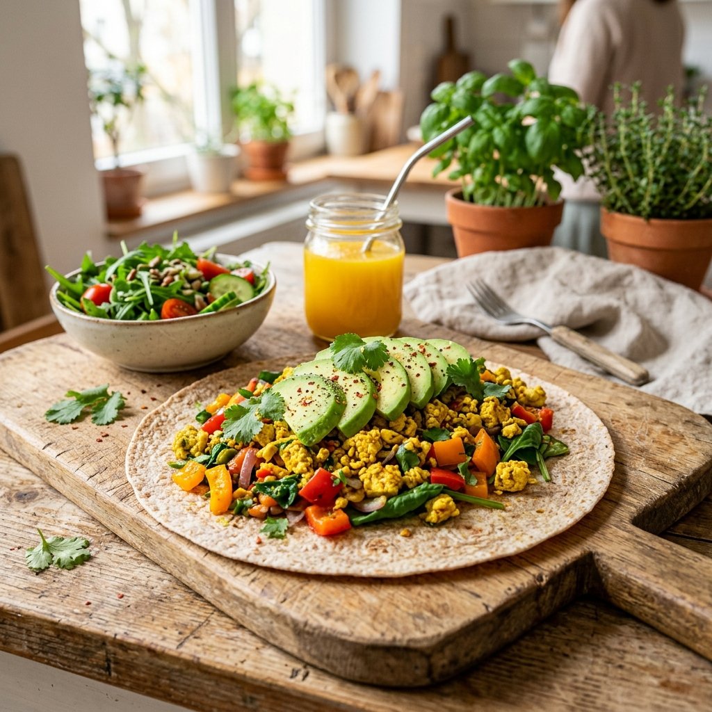 A tofu scramble wrap with avocado slices on a wooden board, accompanied by a bowl of greens and a glass of orange juice on a kitchen counter.