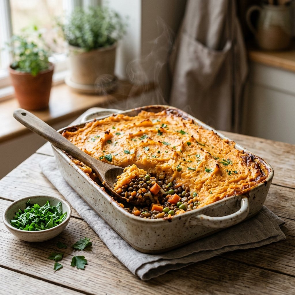 A baked lentil and sweet potato shepherd’s pie in a ceramic dish on a wooden table with a serving spoon and fresh herbs nearby.