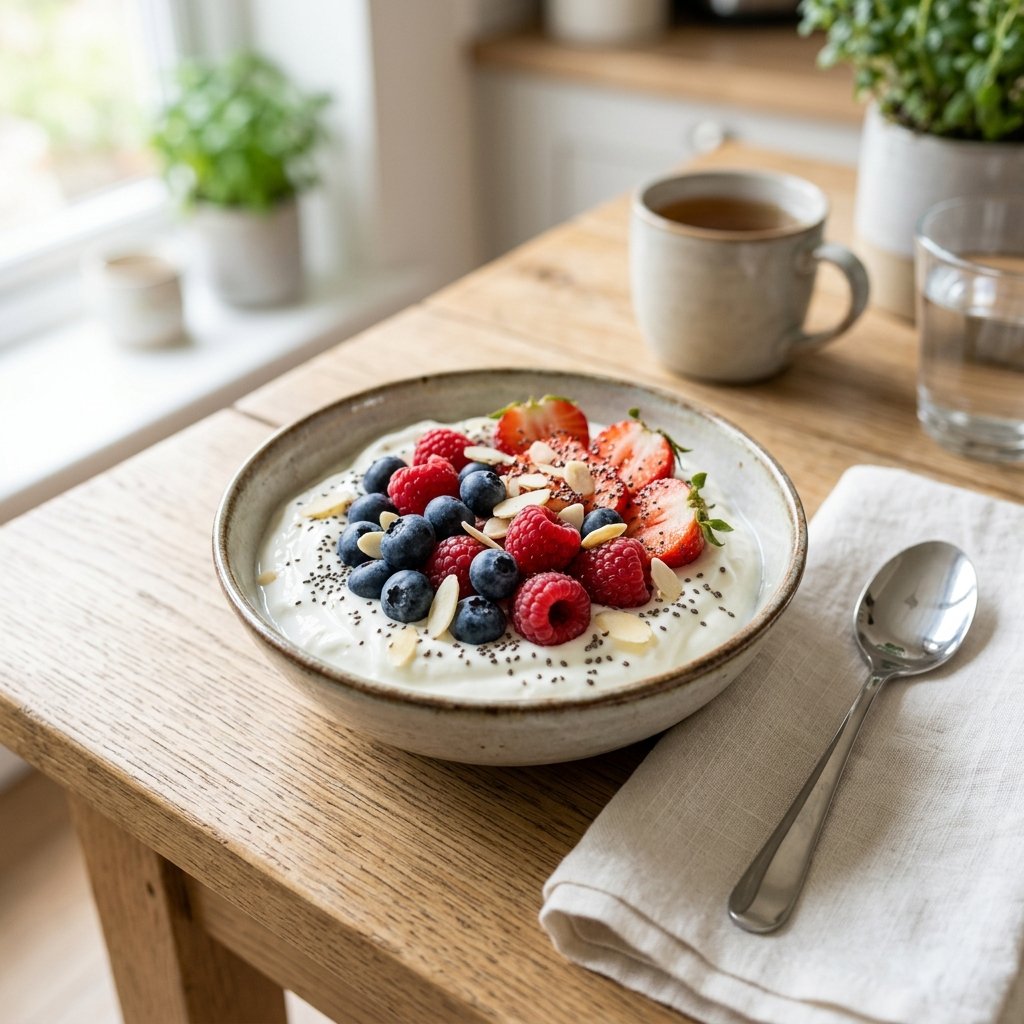 A bowl of Greek yogurt topped with fresh mixed berries, chia seeds, and sliced almonds on a wooden table with a spoon beside it.