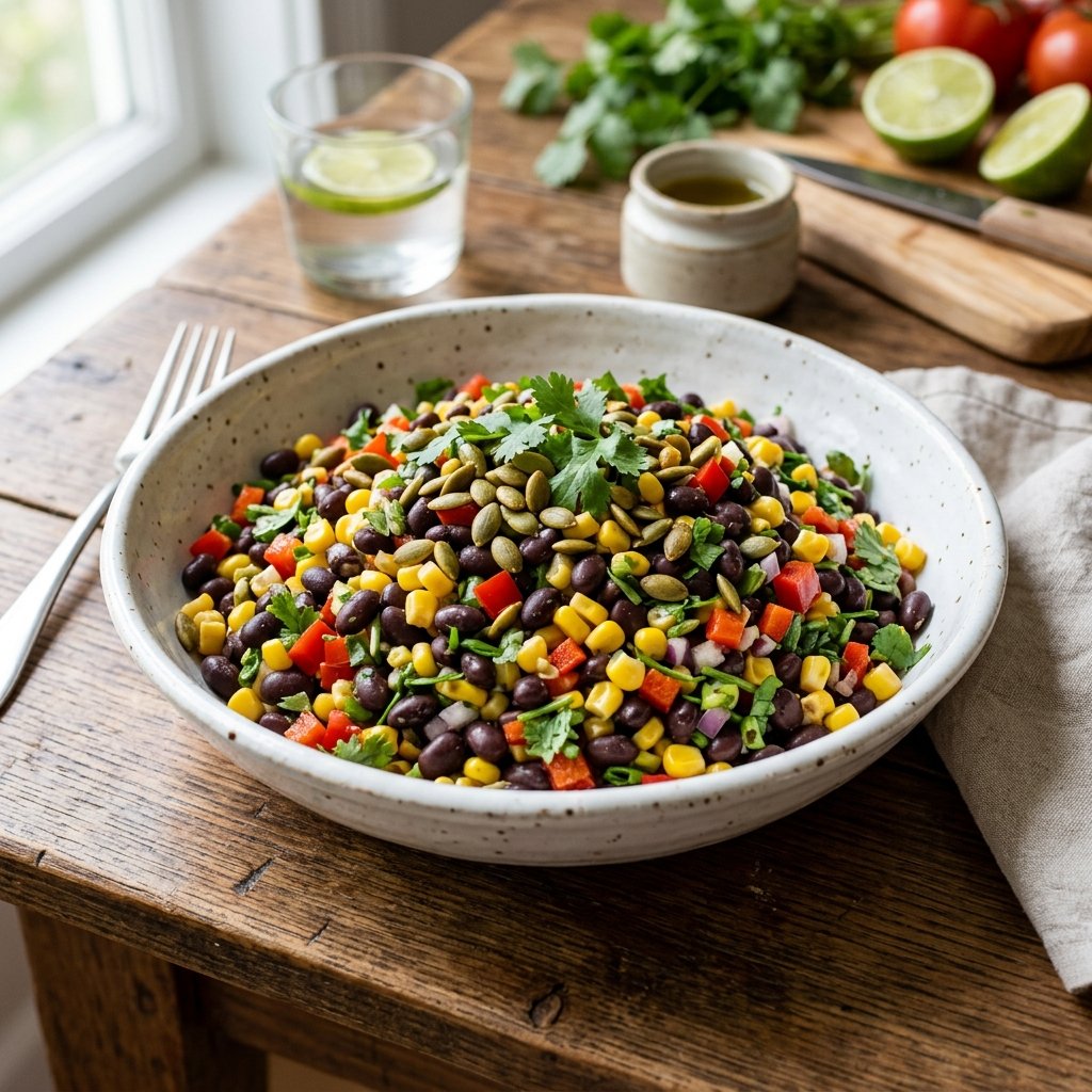 A bowl of black bean and corn salad topped with pumpkin seeds on a wooden table.