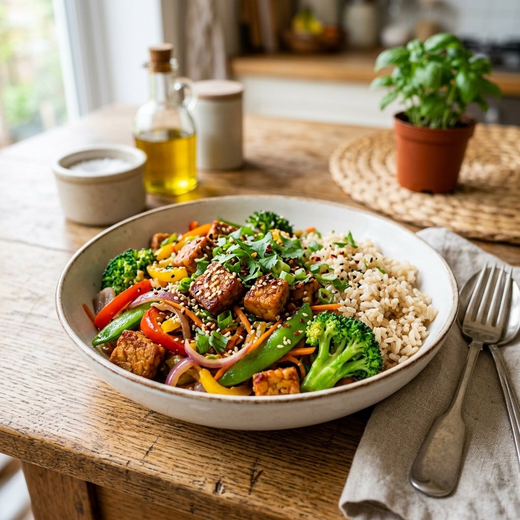 A bowl of tempeh stir-fry with broccoli and brown rice on a wooden table.