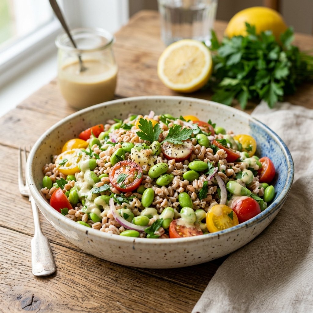 A bowl of edamame and farro salad with lemon-tahini dressing on a wooden table surrounded by fresh ingredients.