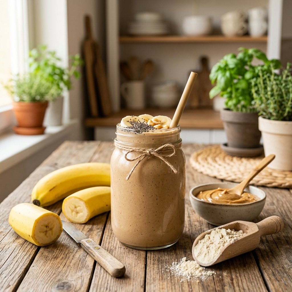 A glass jar filled with a peanut butter banana smoothie surrounded by bananas, peanut butter, and pea protein powder on a wooden table.