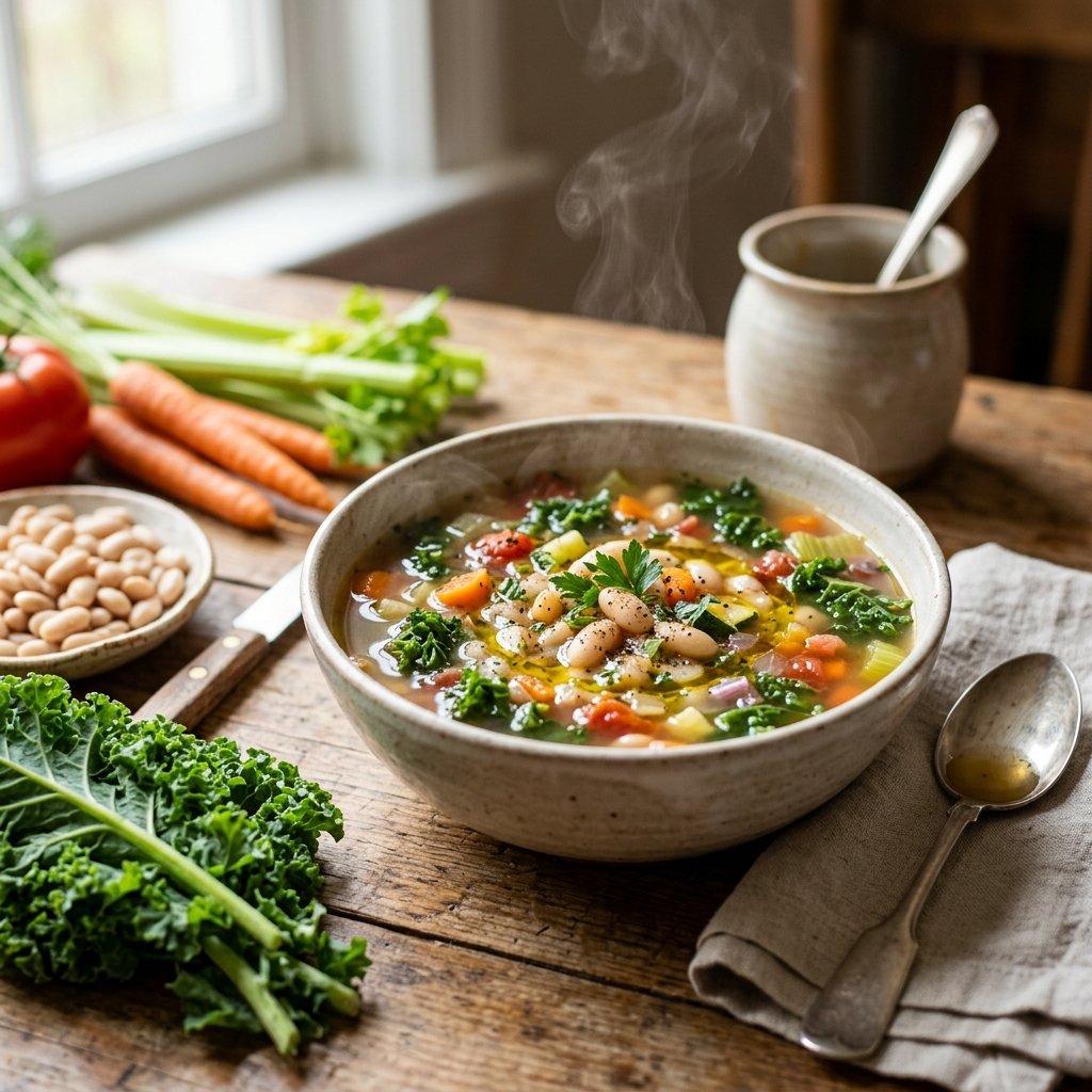 A bowl of white bean and kale minestrone soup with fresh vegetables on a wooden table.