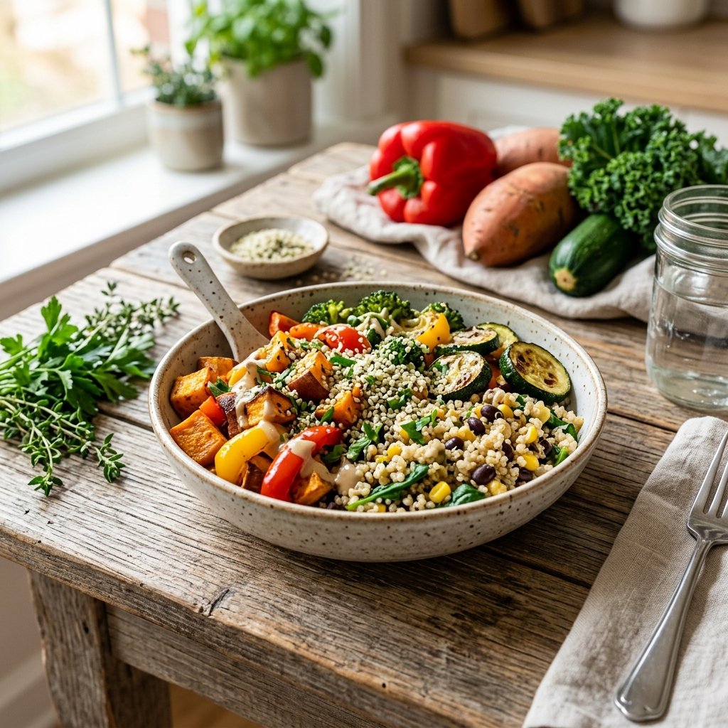 A bowl of quinoa with roasted vegetables and hemp seeds on a wooden table surrounded by fresh herbs and vegetables.